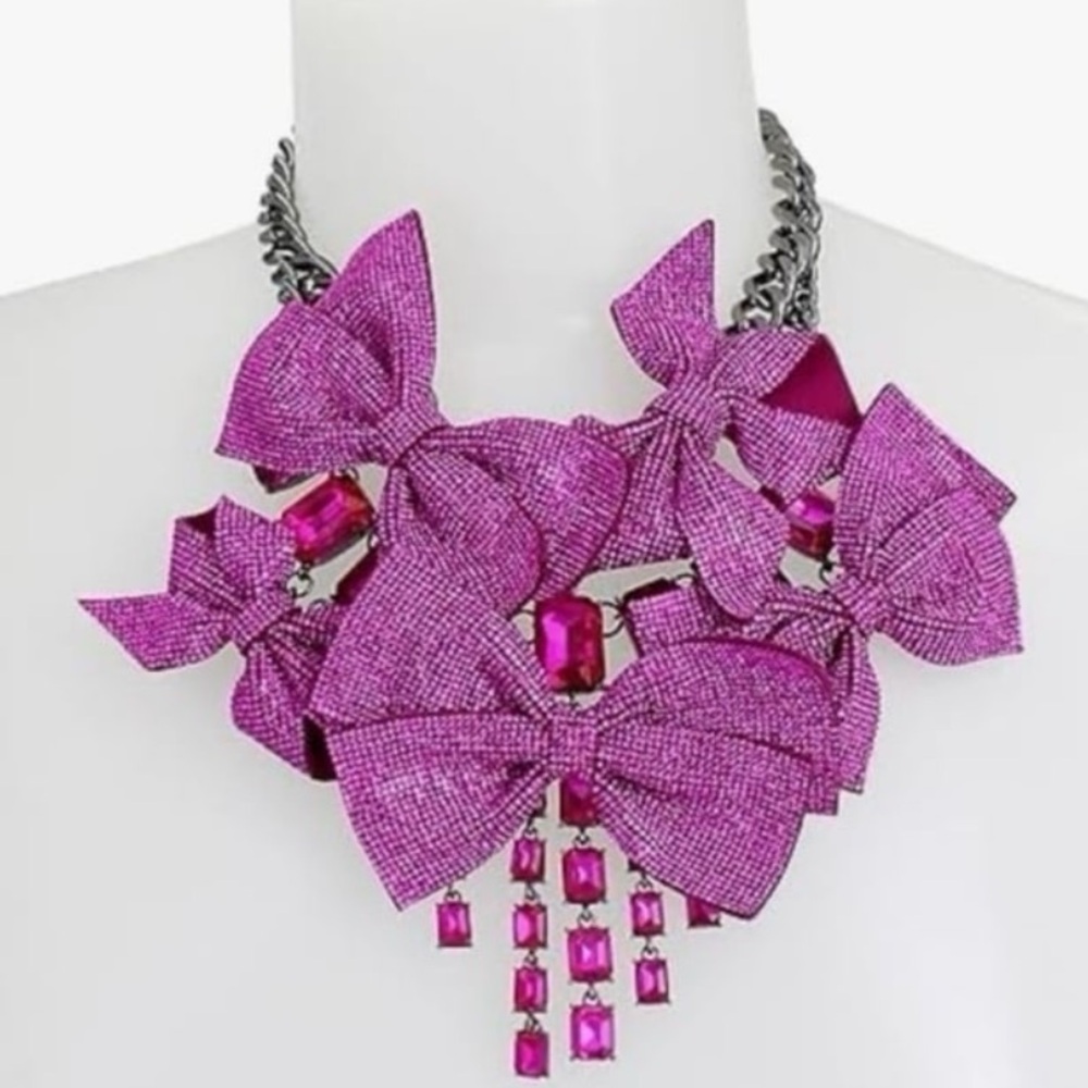 BETSEY JOHNSON SET Pink Pavé & Crystals Statement Bow Necklace & Earrings NWT - Picture 8 of 15